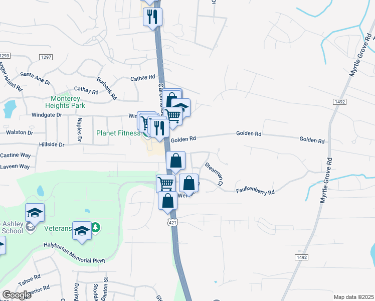 map of restaurants, bars, coffee shops, grocery stores, and more near 1021 Lacewood Court in Wilmington