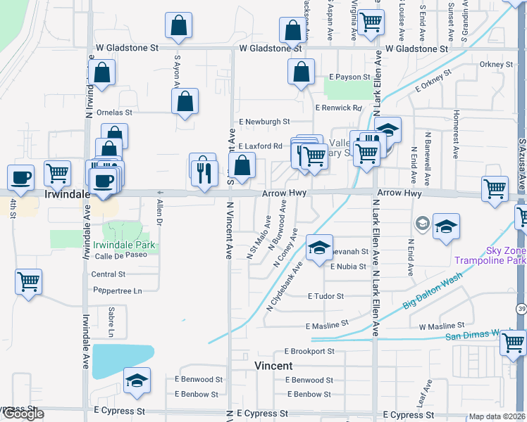 map of restaurants, bars, coffee shops, grocery stores, and more near 5147 North Saint Malo Avenue in Covina