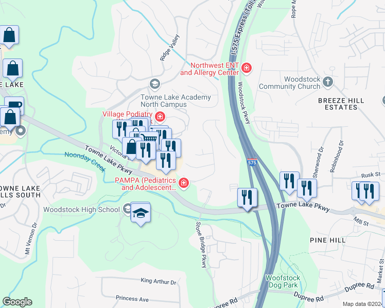 map of restaurants, bars, coffee shops, grocery stores, and more near 316 Parkview Place in Woodstock