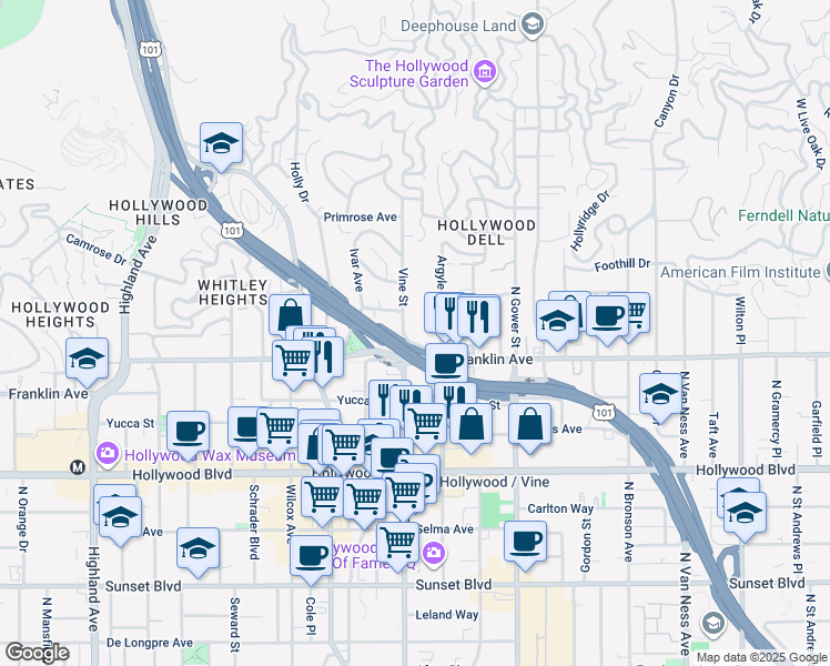 map of restaurants, bars, coffee shops, grocery stores, and more near 1900 Vine Street in Los Angeles