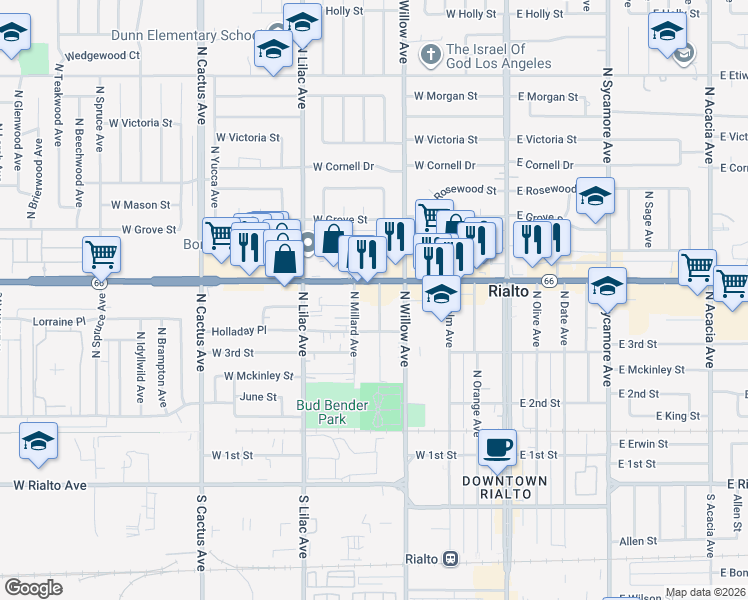 map of restaurants, bars, coffee shops, grocery stores, and more near 350 North Clifford Avenue in Rialto