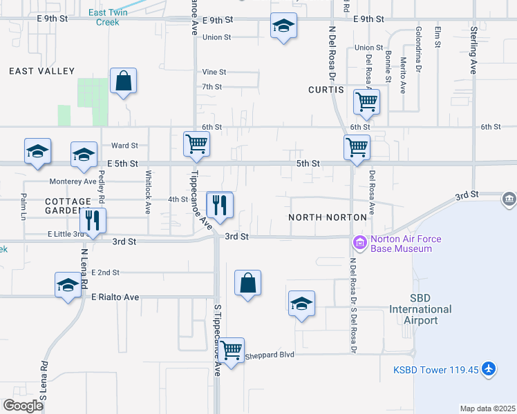 map of restaurants, bars, coffee shops, grocery stores, and more near 25112 3rd Street in San Bernardino