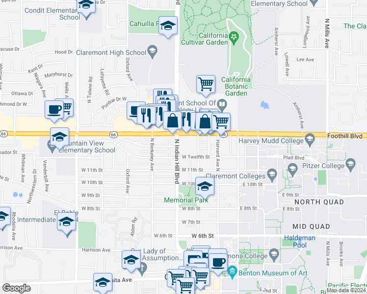 map of restaurants, bars, coffee shops, grocery stores, and more near 393 West 12th Street in Claremont