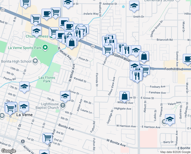 map of restaurants, bars, coffee shops, grocery stores, and more near 3189 Florinda Street in Pomona