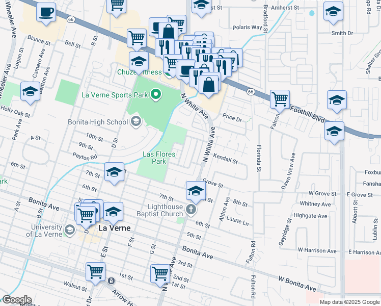 map of restaurants, bars, coffee shops, grocery stores, and more near 2962 Winfield Avenue in La Verne