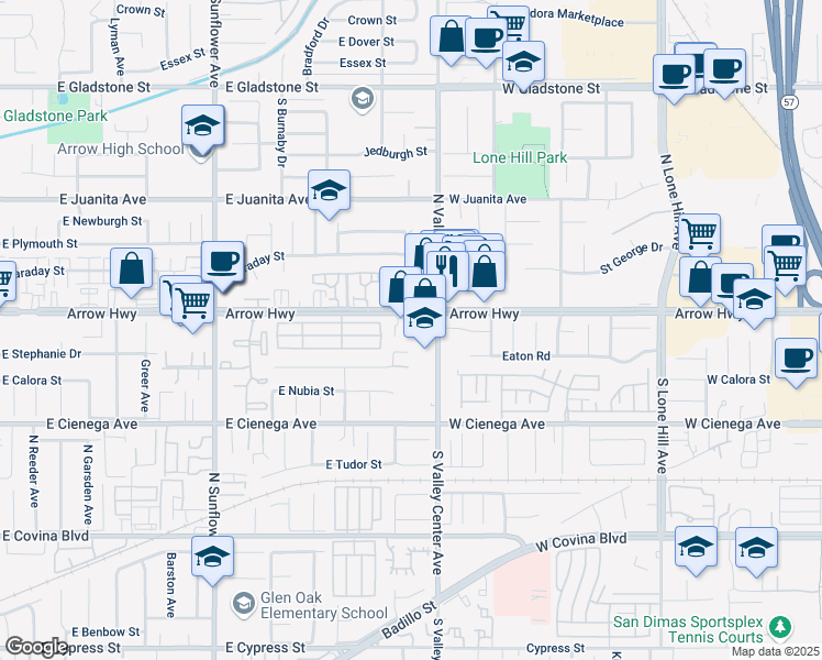 map of restaurants, bars, coffee shops, grocery stores, and more near 21363 East Calora Street in Covina