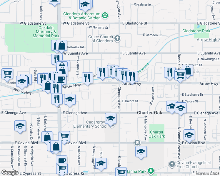 map of restaurants, bars, coffee shops, grocery stores, and more near 5103 North Arroway Avenue in Covina