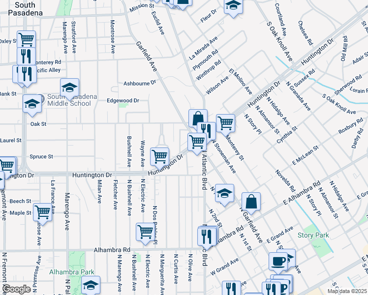 map of restaurants, bars, coffee shops, grocery stores, and more near 1751 La Senda Place in South Pasadena