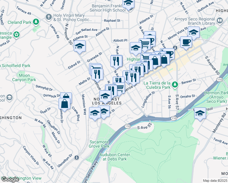 map of restaurants, bars, coffee shops, grocery stores, and more near 5023 North Figueroa Street in Los Angeles