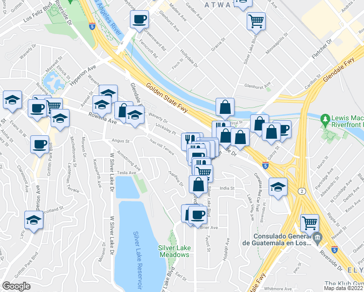 map of restaurants, bars, coffee shops, grocery stores, and more near 2600 Glendale Boulevard in Los Angeles