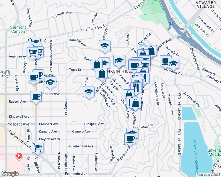 map of restaurants, bars, coffee shops, grocery stores, and more near 2449 Lyric Avenue in Los Angeles