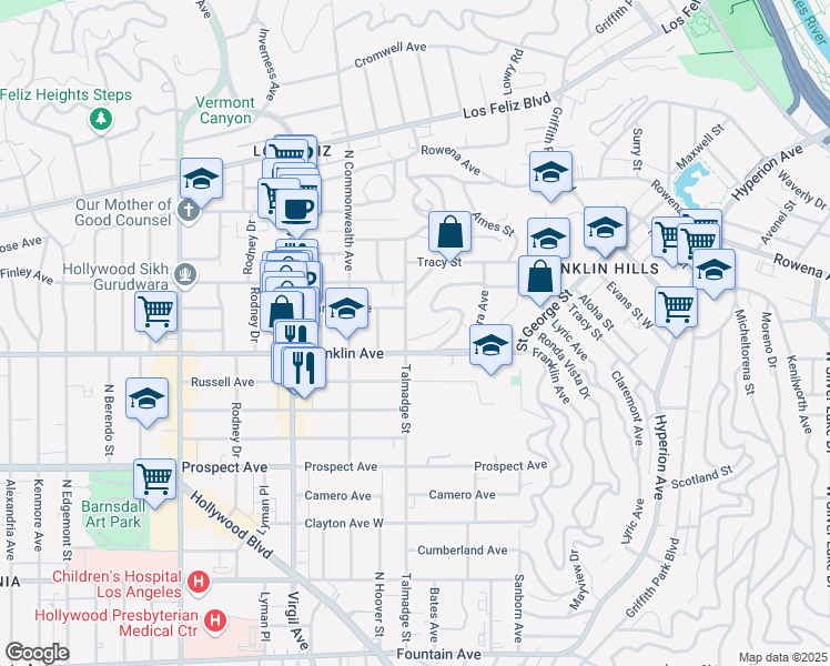 map of restaurants, bars, coffee shops, grocery stores, and more near 4249 Franklin Avenue in Los Angeles