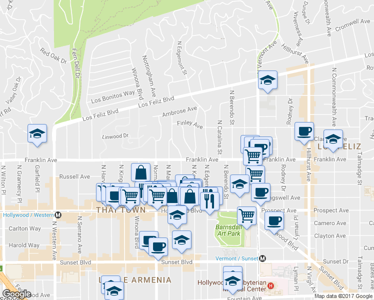 map of restaurants, bars, coffee shops, grocery stores, and more near 4953 Franklin Avenue in Los Angeles