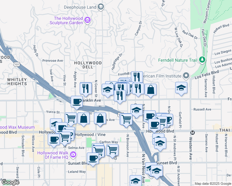 map of restaurants, bars, coffee shops, grocery stores, and more near 5973 Franklin Avenue in Los Angeles