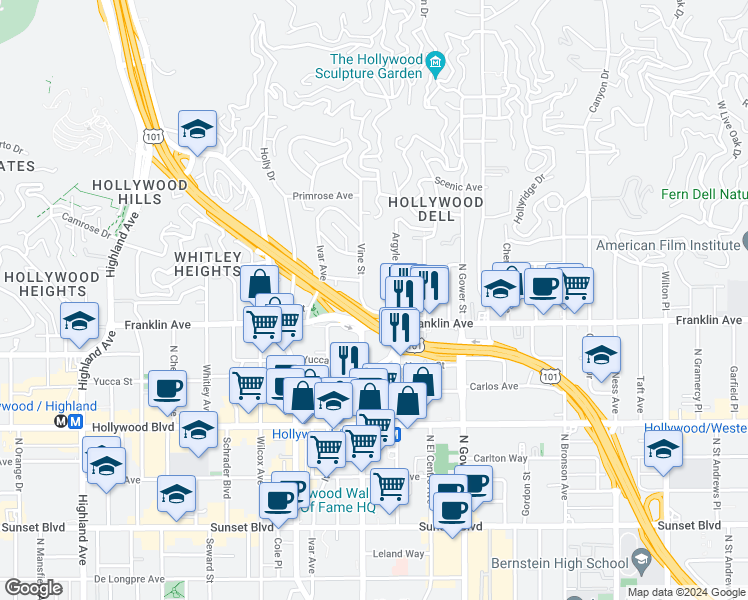 map of restaurants, bars, coffee shops, grocery stores, and more near 1919 Argyle Avenue in Los Angeles
