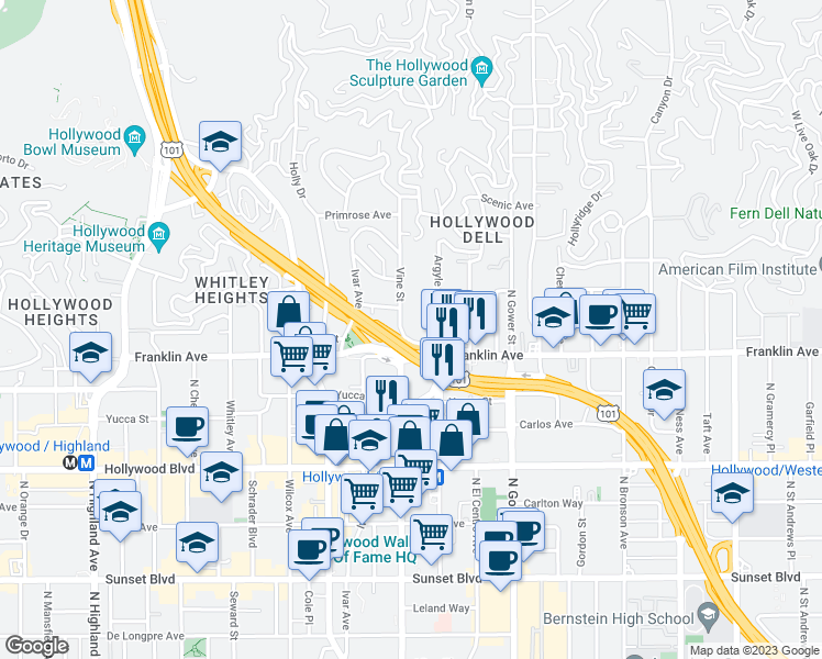map of restaurants, bars, coffee shops, grocery stores, and more near 1919 Argyle Avenue in Los Angeles