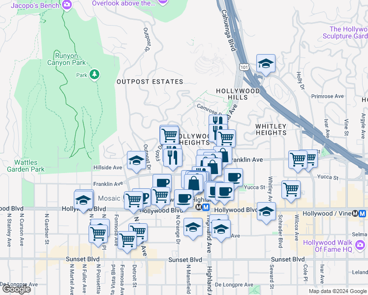 map of restaurants, bars, coffee shops, grocery stores, and more near 1930 North Sycamore Avenue in Los Angeles