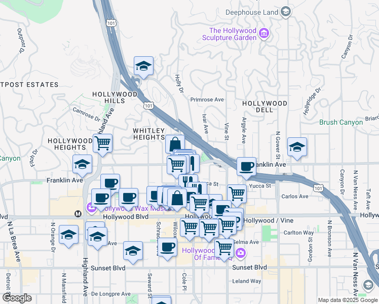 map of restaurants, bars, coffee shops, grocery stores, and more near 1923 Holly Drive in Los Angeles