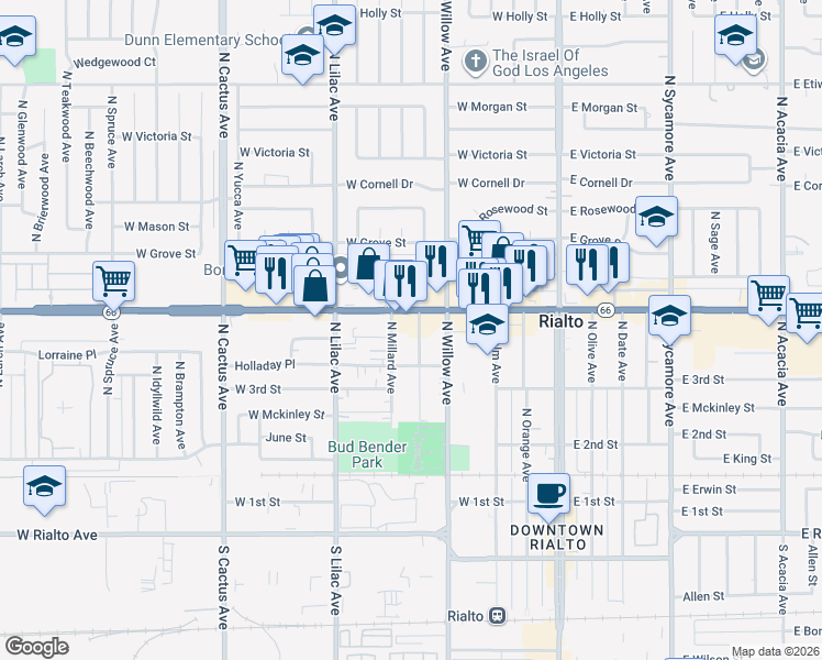 map of restaurants, bars, coffee shops, grocery stores, and more near 350 North Clifford Avenue in Rialto