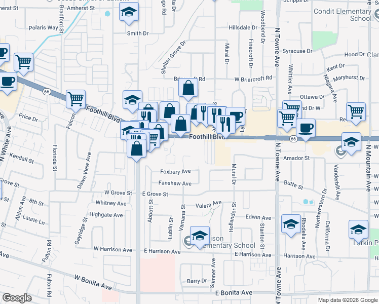 map of restaurants, bars, coffee shops, grocery stores, and more near 327 Flaxton Street in Pomona