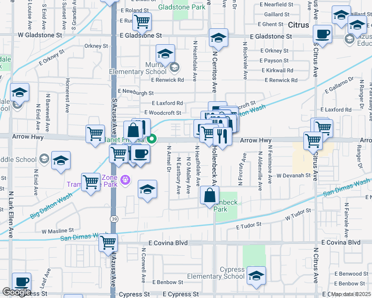 map of restaurants, bars, coffee shops, grocery stores, and more near 611 West Alcross Street in Covina