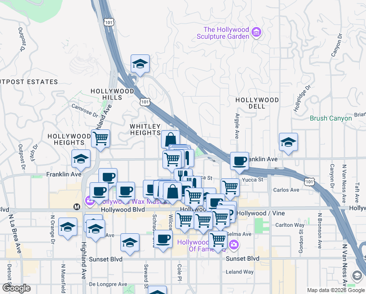 map of restaurants, bars, coffee shops, grocery stores, and more near 1923 Holly Drive in Los Angeles