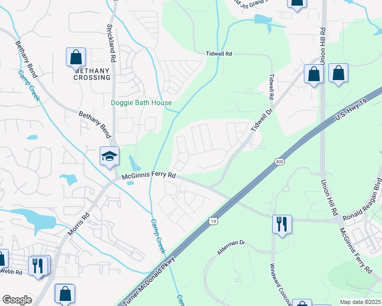 map of restaurants, bars, coffee shops, grocery stores, and more near 1114 Bendleton Trace in Alpharetta