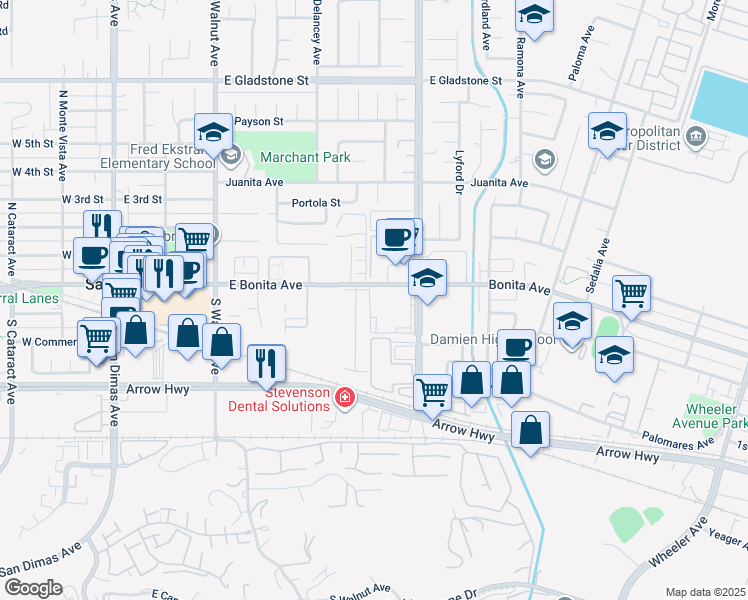 map of restaurants, bars, coffee shops, grocery stores, and more near 650 East Bonita Avenue in San Dimas