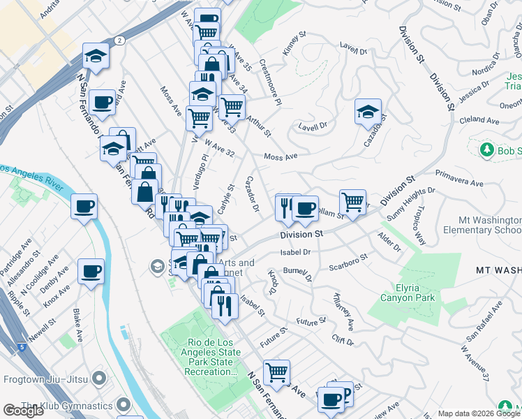 map of restaurants, bars, coffee shops, grocery stores, and more near 2215 Cazador Drive in Los Angeles
