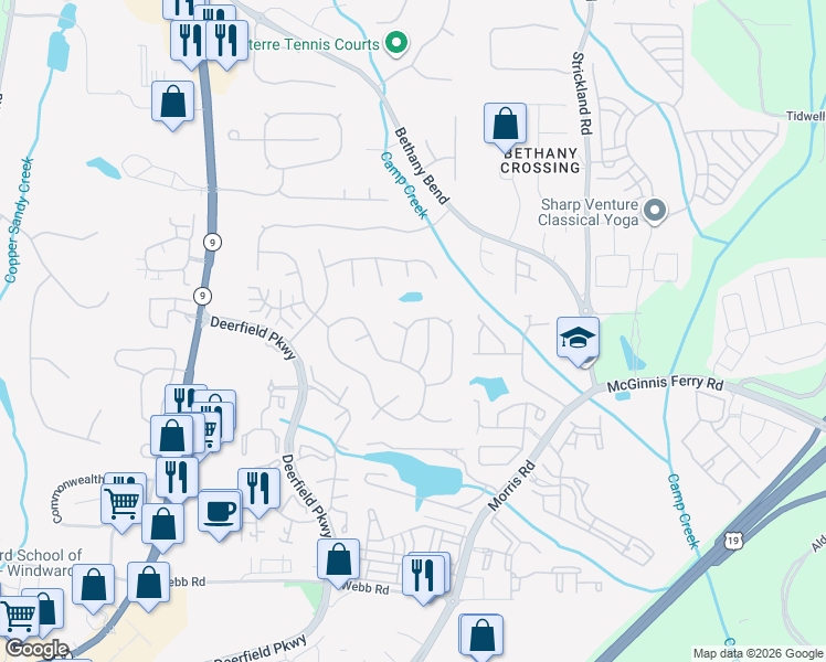 map of restaurants, bars, coffee shops, grocery stores, and more near 13342 Harpley Court in Alpharetta