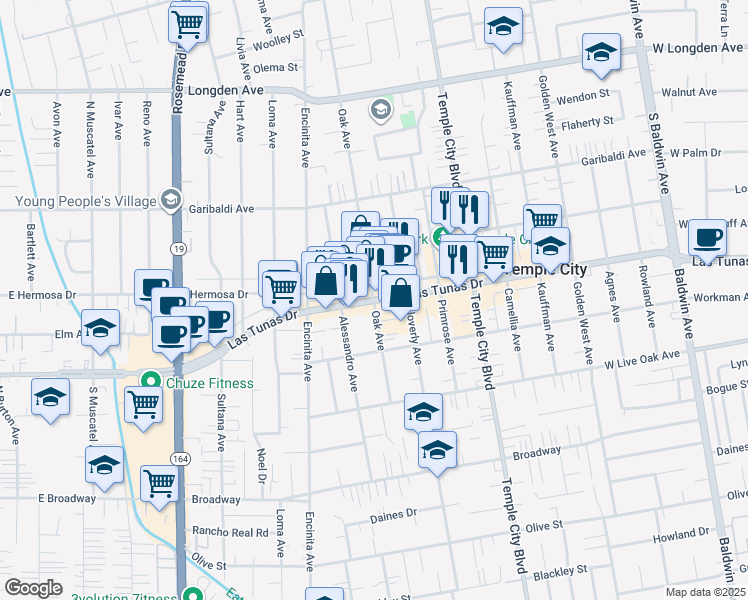 map of restaurants, bars, coffee shops, grocery stores, and more near 10248 Nadine Street in Temple City