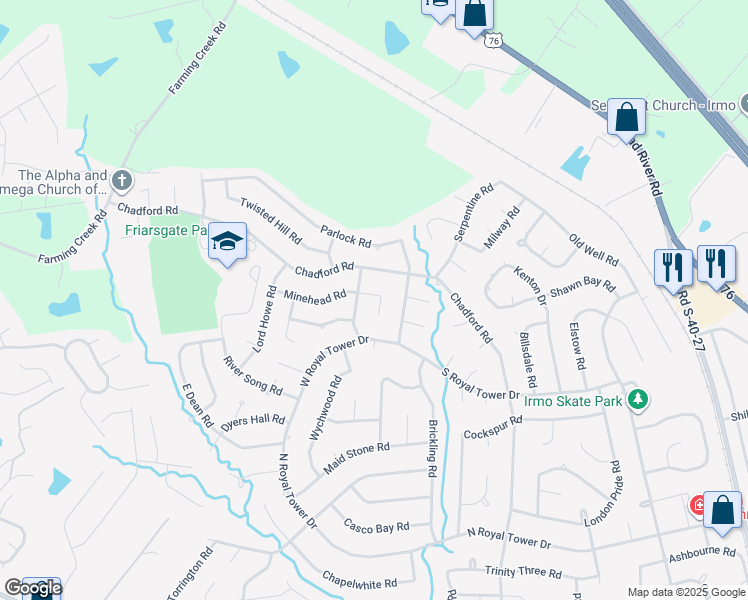 map of restaurants, bars, coffee shops, grocery stores, and more near 113 Cablehead Road in Irmo