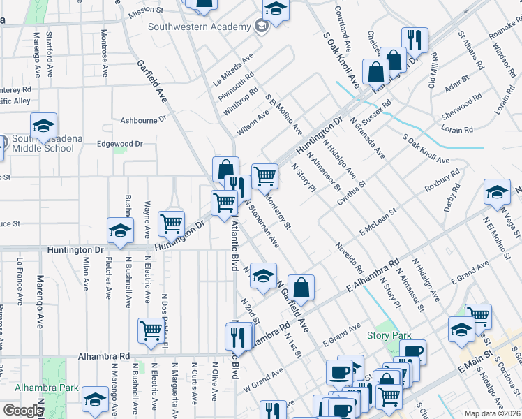 map of restaurants, bars, coffee shops, grocery stores, and more near 1100 North Stoneman Avenue in Alhambra