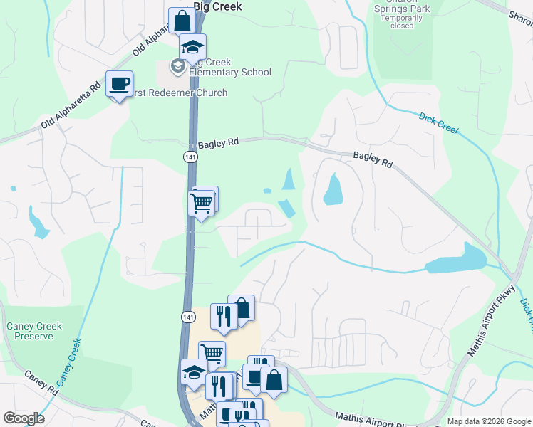 map of restaurants, bars, coffee shops, grocery stores, and more near 2605 Runnymede Court in Cumming