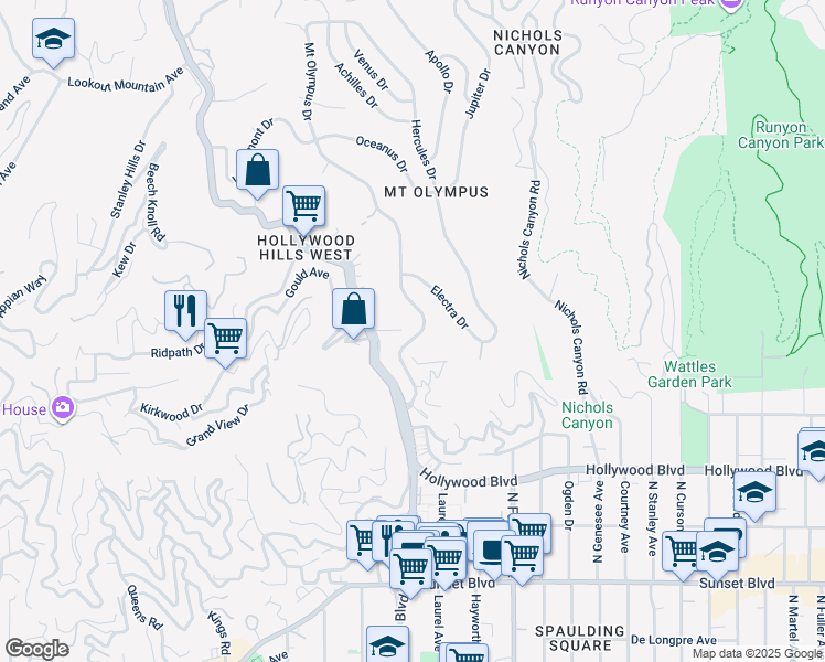 map of restaurants, bars, coffee shops, grocery stores, and more near 1901 Mount Olympus Drive in Los Angeles