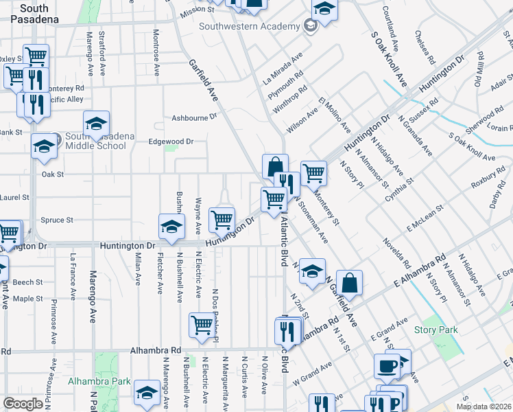 map of restaurants, bars, coffee shops, grocery stores, and more near 1751 La Senda Place in South Pasadena