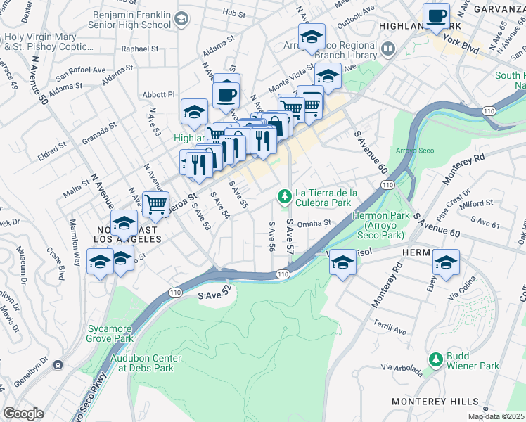 map of restaurants, bars, coffee shops, grocery stores, and more near 221 South Avenue 55 in Los Angeles