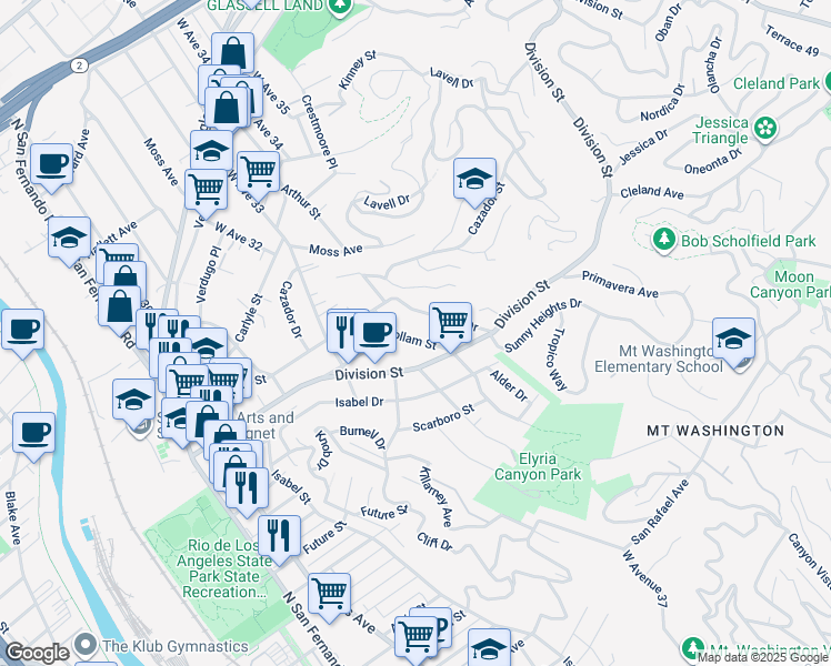 map of restaurants, bars, coffee shops, grocery stores, and more near 2063 Wollam Street in Los Angeles