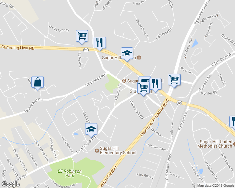 map of restaurants, bars, coffee shops, grocery stores, and more near 1090 Church Street in Sugar Hill