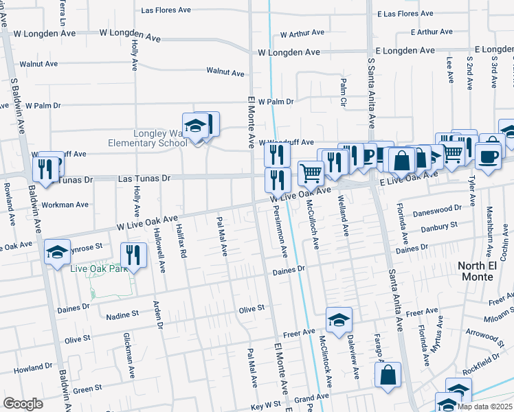 map of restaurants, bars, coffee shops, grocery stores, and more near 180 West Live Oak Avenue in Arcadia