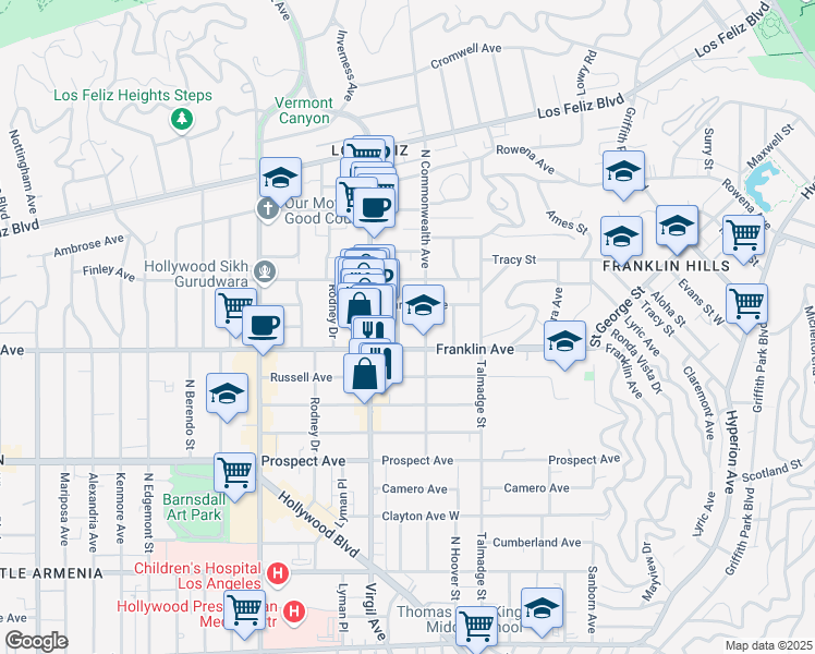 map of restaurants, bars, coffee shops, grocery stores, and more near 1924 Rosalia Road in Los Angeles