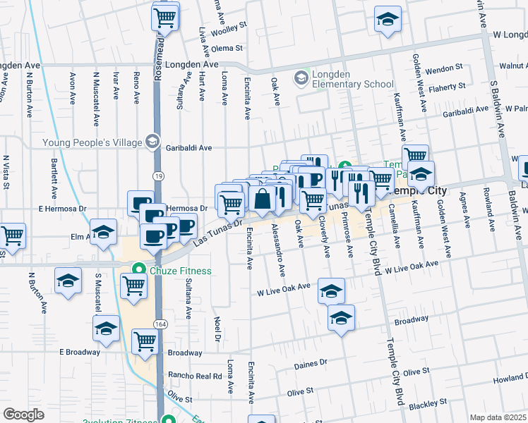 map of restaurants, bars, coffee shops, grocery stores, and more near 5844 Alessandro Avenue in Temple City