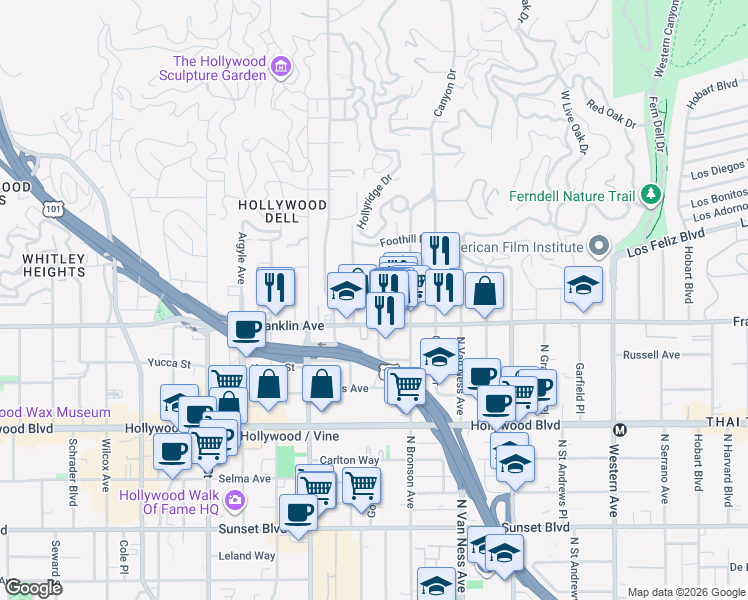 map of restaurants, bars, coffee shops, grocery stores, and more near 1929 Tamarind Avenue in Los Angeles