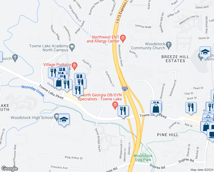 map of restaurants, bars, coffee shops, grocery stores, and more near 139 Stoneforest Drive in Woodstock