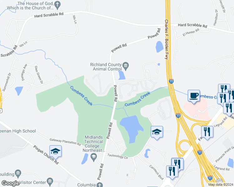 map of restaurants, bars, coffee shops, grocery stores, and more near 360-408 Powell Road in Columbia