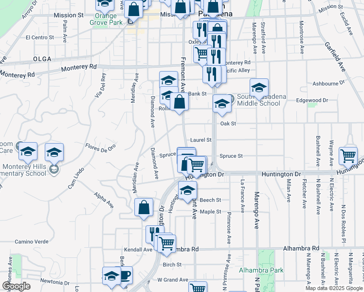 map of restaurants, bars, coffee shops, grocery stores, and more near in South Pasadena