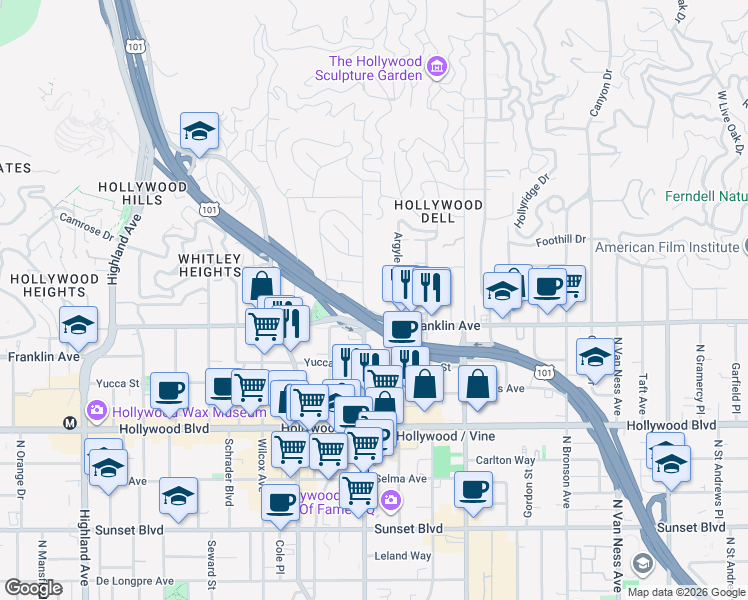 map of restaurants, bars, coffee shops, grocery stores, and more near 1900 Vine Street in Los Angeles