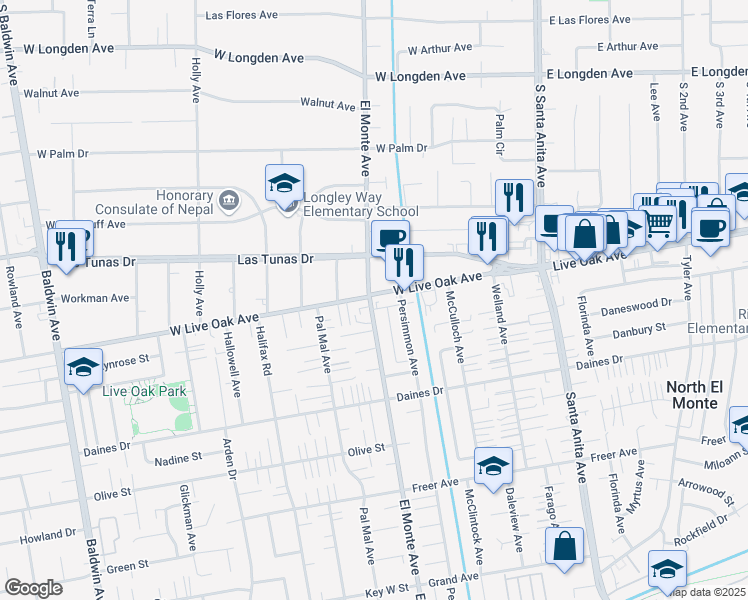 map of restaurants, bars, coffee shops, grocery stores, and more near 180 West Live Oak Avenue in Arcadia