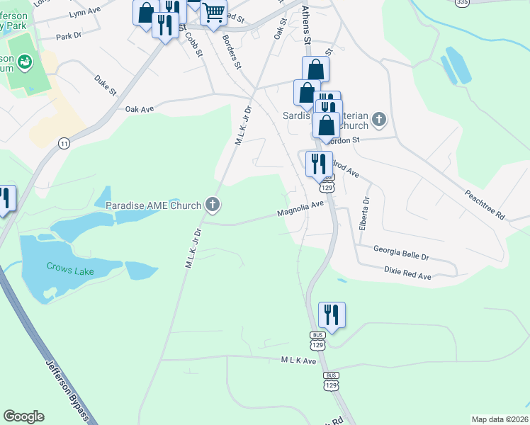map of restaurants, bars, coffee shops, grocery stores, and more near 250 Magnolia Avenue in Jefferson
