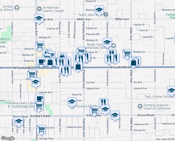 map of restaurants, bars, coffee shops, grocery stores, and more near 8187 Palmetto Avenue in Fontana